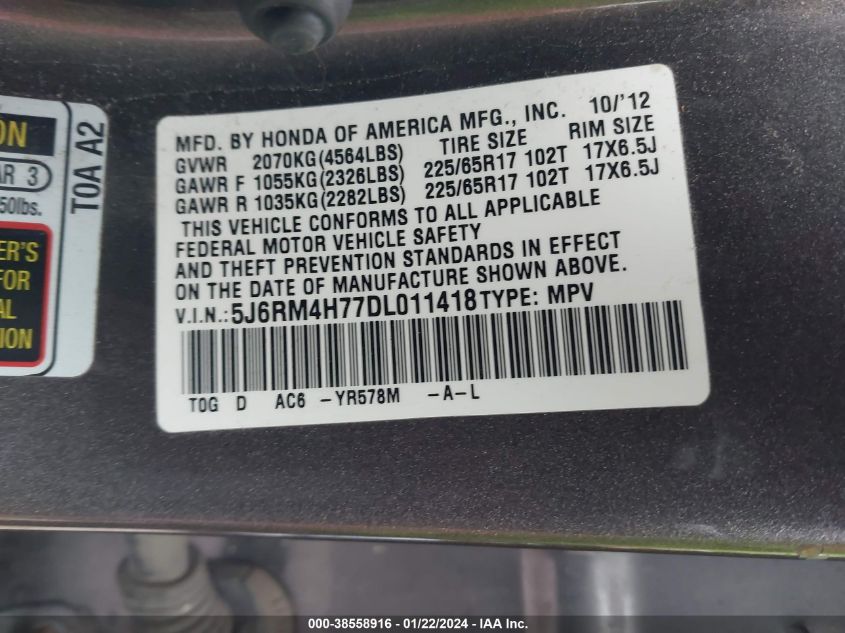 2013 HONDA CR-V EX-L - 5J6RM4H77DL011418