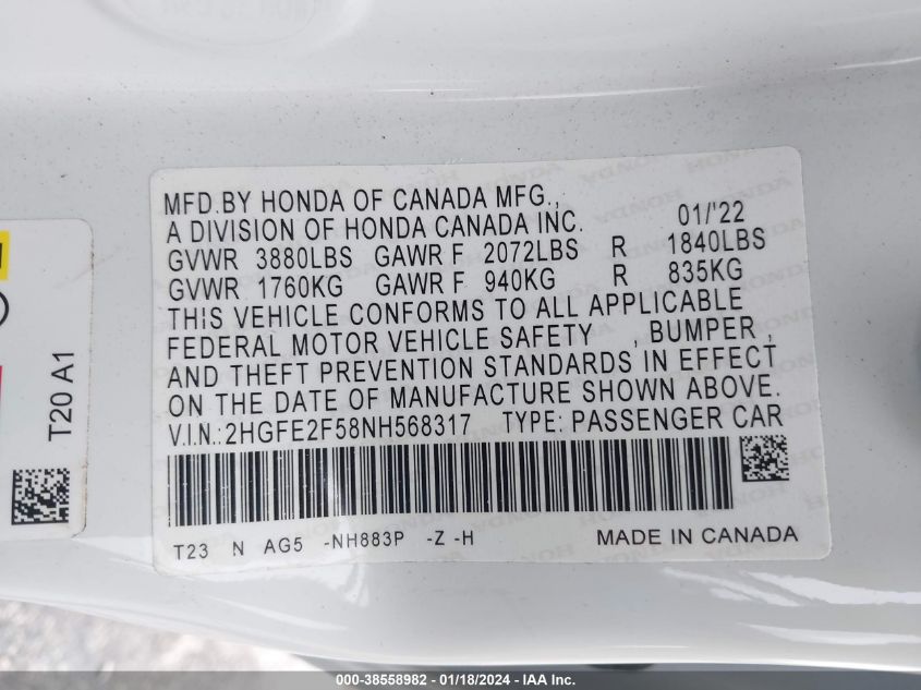 2022 HONDA CIVIC SPORT - 2HGFE2F58NH568317