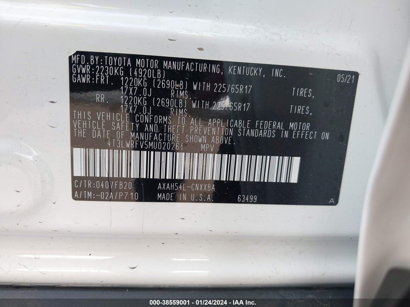 VIN 4T3LWRFV5MU020264 2021 TOYOTA RAV4 LE HYBRID