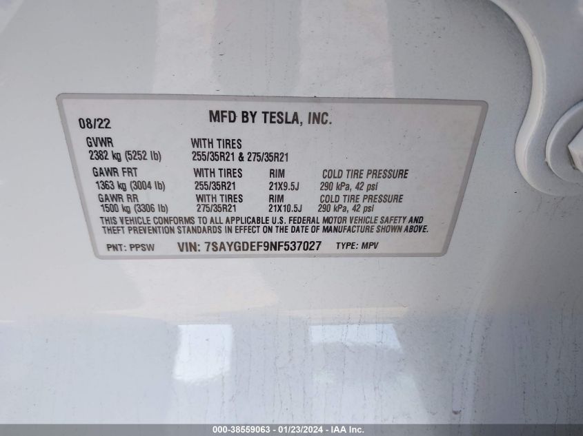 2022 TESLA MODEL Y - 7SAYGDEF9NF537027