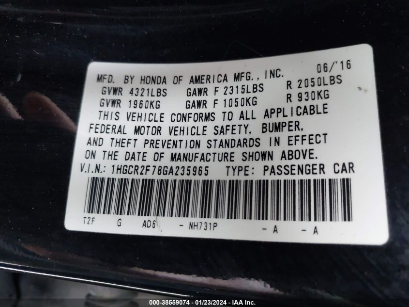 2016 HONDA ACCORD EX - 1HGCR2F78GA235965