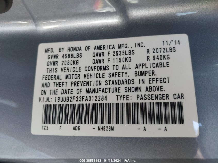 2015 ACURA TLX V6 - 19UUB2F33FA012284