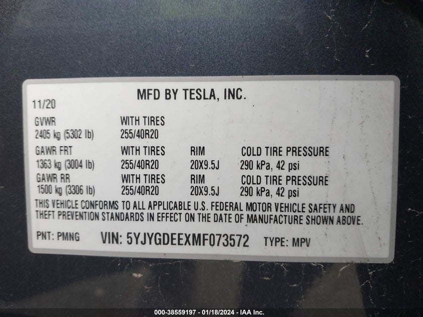 VIN 5YJYGDEEXMF073572 2021 TESLA MODEL Y LONG RANGE DUAL MOTOR ALL-WHEEL DRIVE