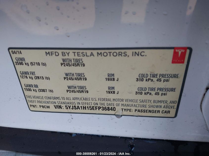 2014 TESLA MODEL S - 5YJSA1H15EFP36840