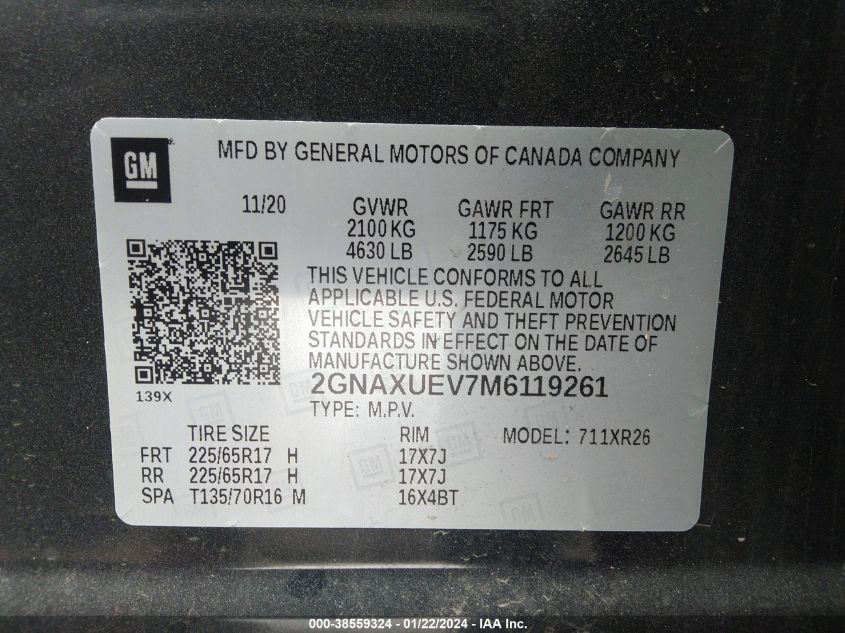 2021 CHEVROLET EQUINOX LT - 2GNAXUEV7M6119261