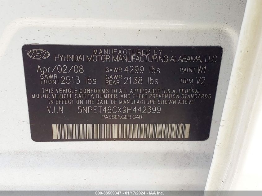 5NPET46CX9H442399 | 2009 HYUNDAI SONATA