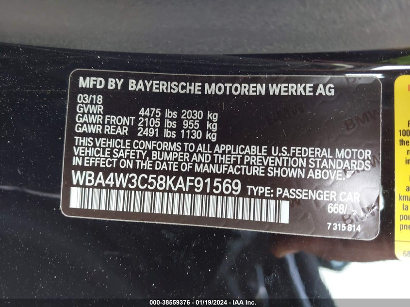 VIN WBA4W3C58KAF91569 2019 BMW 430I