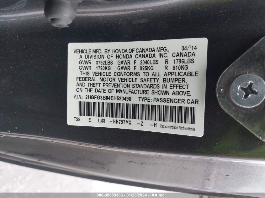 2014 HONDA CIVIC EX-L - 2HGFG3B04EH520498