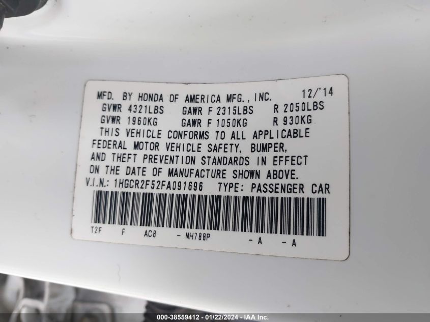 2015 HONDA ACCORD SPORT - 1HGCR2F52FA091696