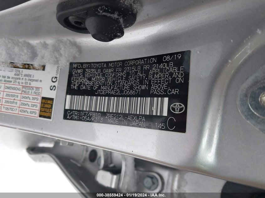 VIN JTDEPRAE2LJ068671 2020 TOYOTA COROLLA LE