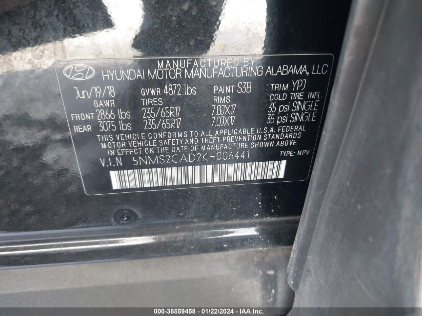 VIN 5NMS2CAD2KH006441 2019 HYUNDAI SANTA FE no.9