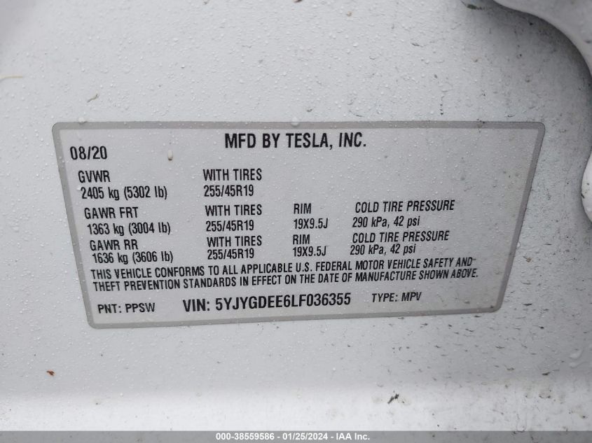 2020 TESLA MODEL Y LONG RANGE DUAL MOTOR ALL-WHEEL DRIVE - 5YJYGDEE6LF036355