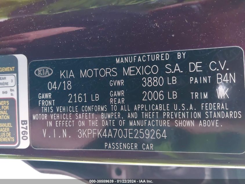2018 KIA FORTE LX - 3KPFK4A70JE259264