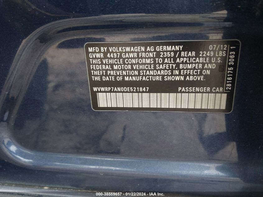2013 VOLKSWAGEN CC 2.0T LUX - WVWRP7AN0DE521847