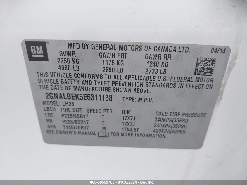 2014 CHEVROLET EQUINOX LT - 2GNALBEK5E6311138