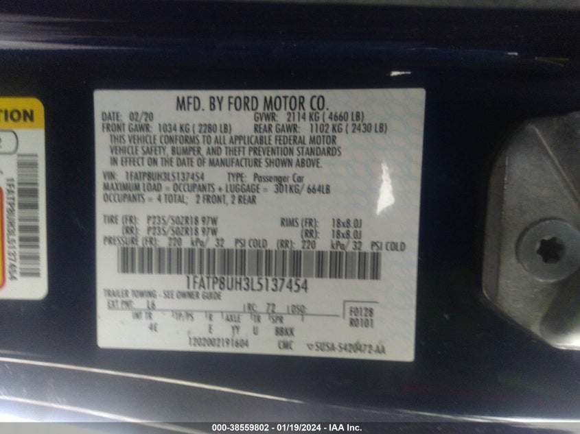 VIN 1FATP8UH3L5137454 2020 FORD MUSTANG ECOBOOST PREMIUM