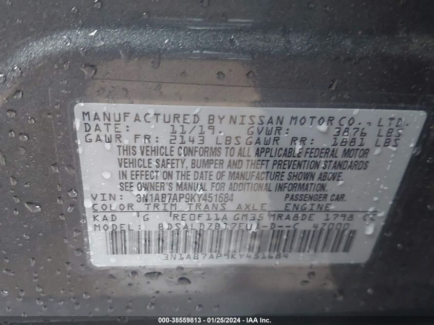 2019 NISSAN SENTRA SV - 3N1AB7AP9KY451684