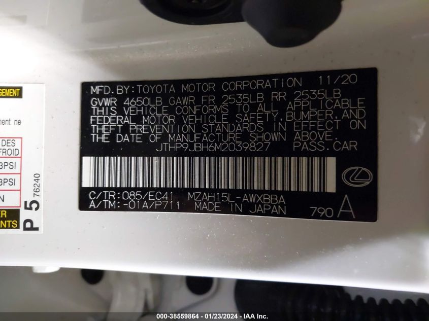VIN JTHP9JBH6M2039827 2021 LEXUS UX 250H