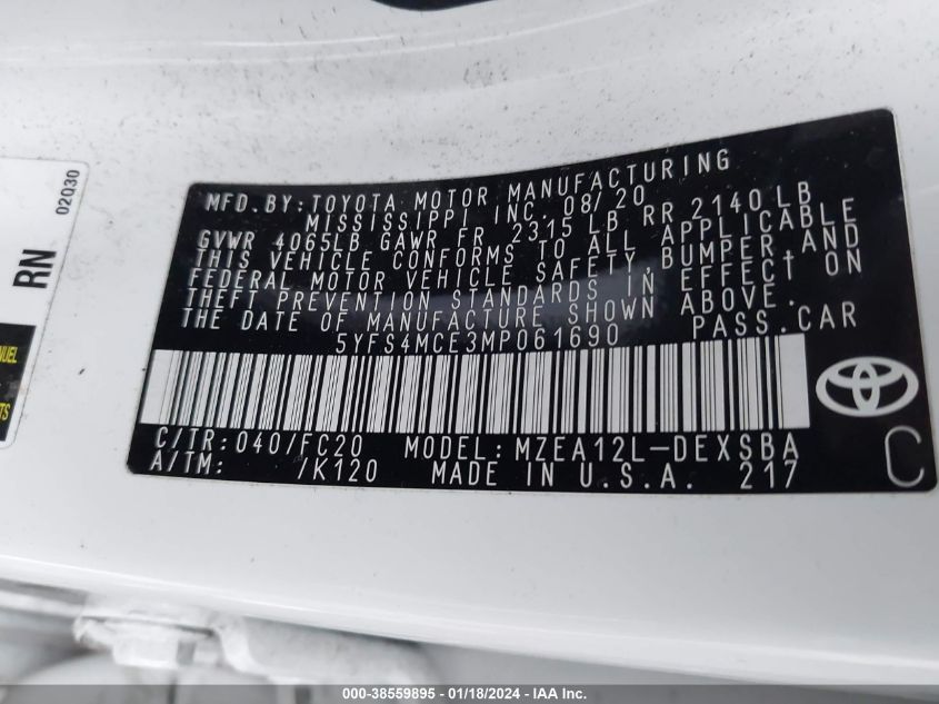 VIN 5YFS4MCE3MP061690 2021 TOYOTA COROLLA SE