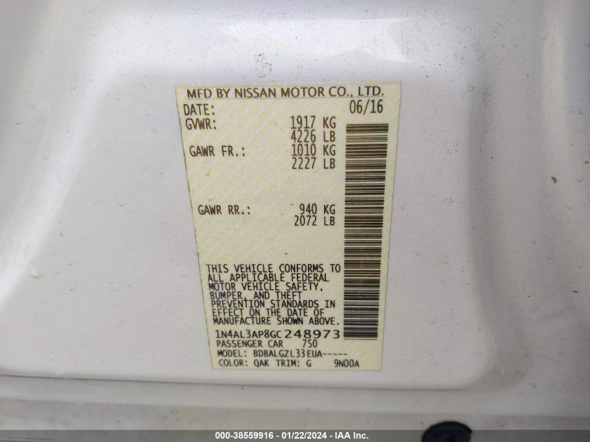 2016 NISSAN ALTIMA 2.5/2.5 S/2.5 SL/2.5 SR/2.5 SV - 1N4AL3AP8GC248973