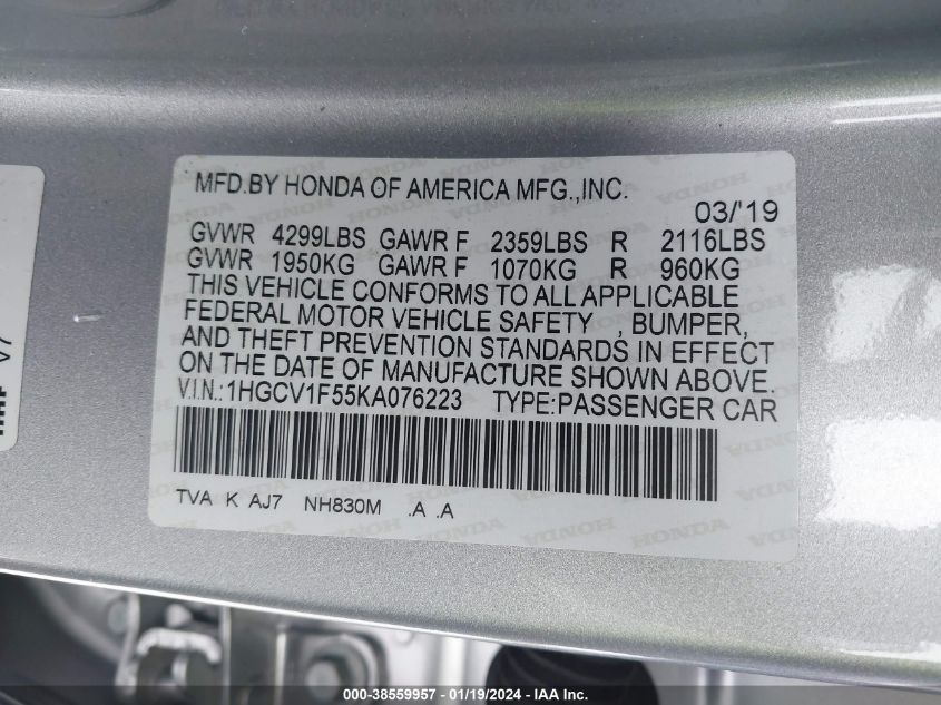 2019 HONDA ACCORD EXL - 1HGCV1F55KA076223