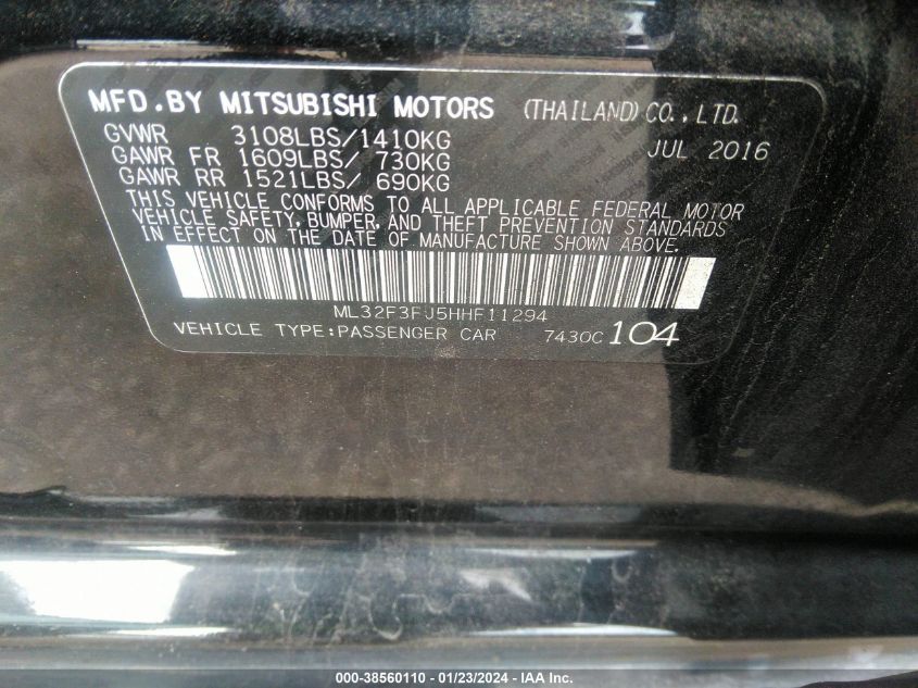 2017 MITSUBISHI MIRAGE G4 G4 ES - ML32F3FJ5HHF11294