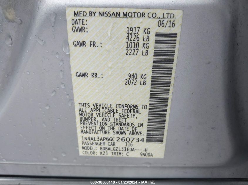 2016 NISSAN ALTIMA 2.5 S - 1N4AL3AP6GC260734