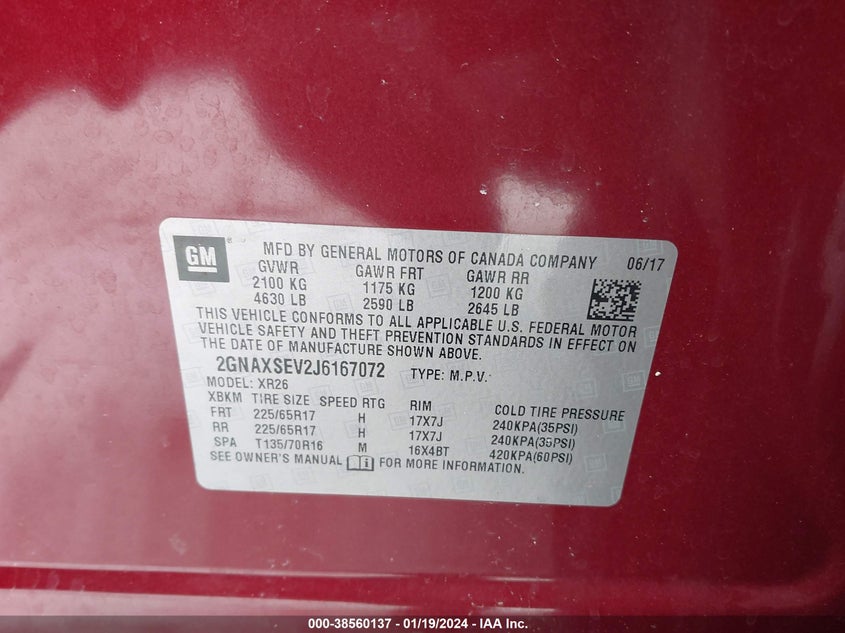 VIN 2GNAXSEV2J6167072 2018 CHEVROLET EQUINOX LT