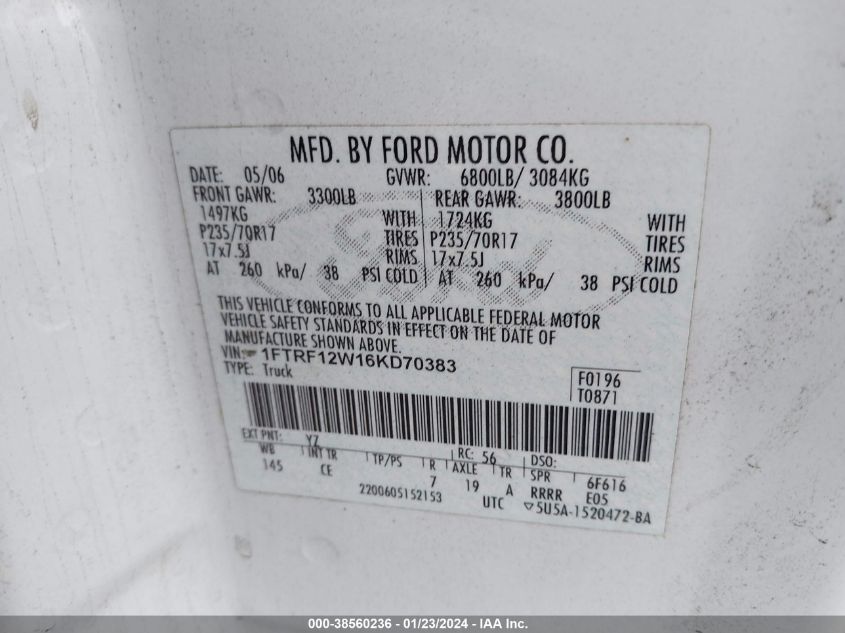 1FTRF12W16KD70383 | 2006 FORD F-150