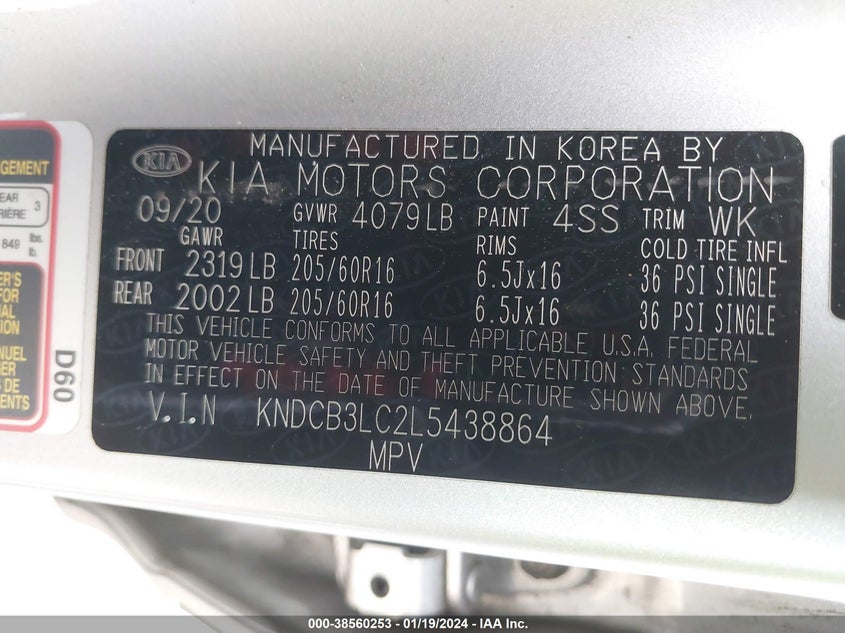 VIN KNDCB3LC2L5438864 2020 KIA NIRO LX
