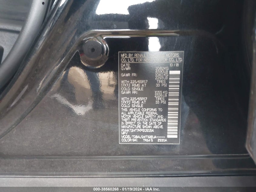 VIN KNMAT2MT7KP505054 2019 NISSAN ROGUE S/SV
