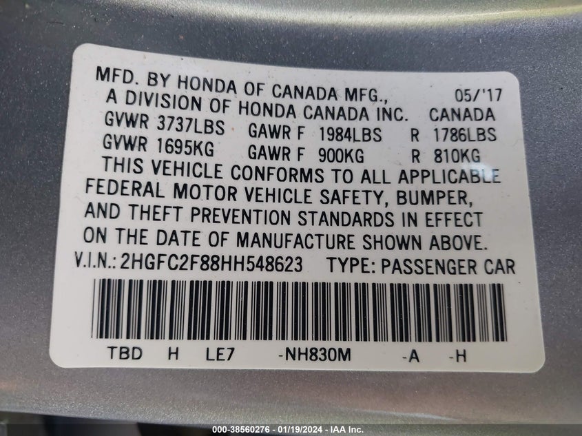 VIN 2HGFC2F88HH548623 2017 HONDA CIVIC EX