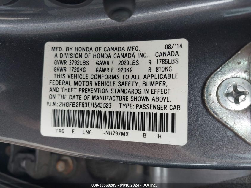 2014 HONDA CIVIC EX - 2HGFB2F83EH543523