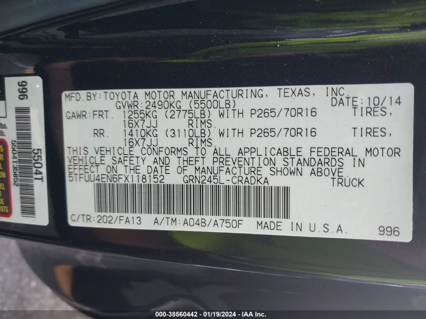 2015 TOYOTA TACOMA BASE V6 - 5TFUU4EN6FX118152