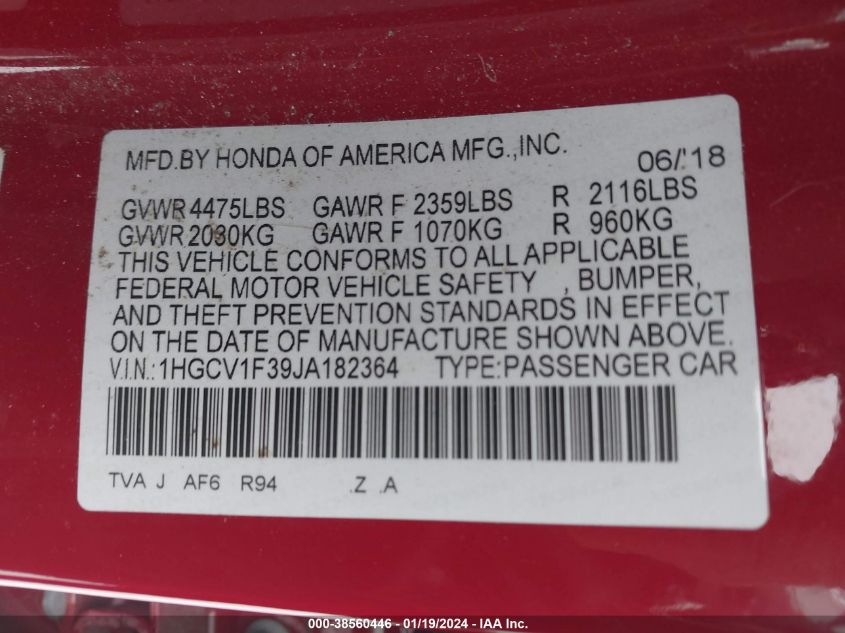 2018 HONDA ACCORD SPORT - 1HGCV1F39JA182364