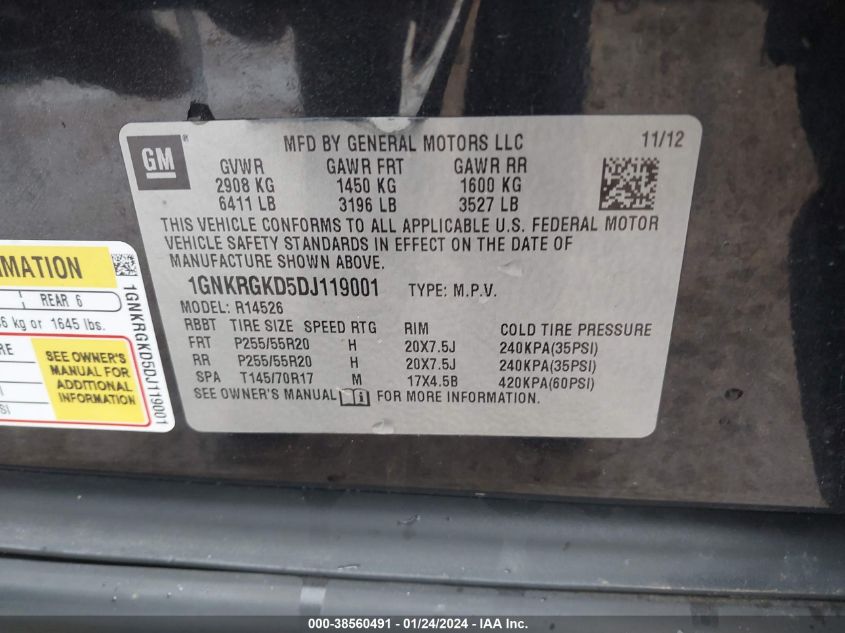 2013 CHEVROLET TRAVERSE LT - 1GNKRGKD5DJ119001