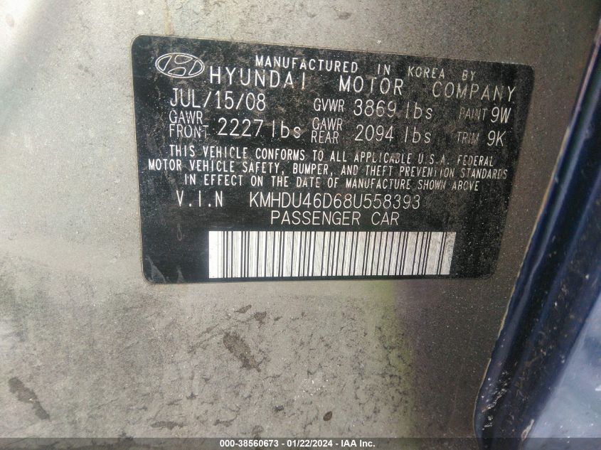 KMHDU46D68U558393 | 2008 HYUNDAI ELANTRA