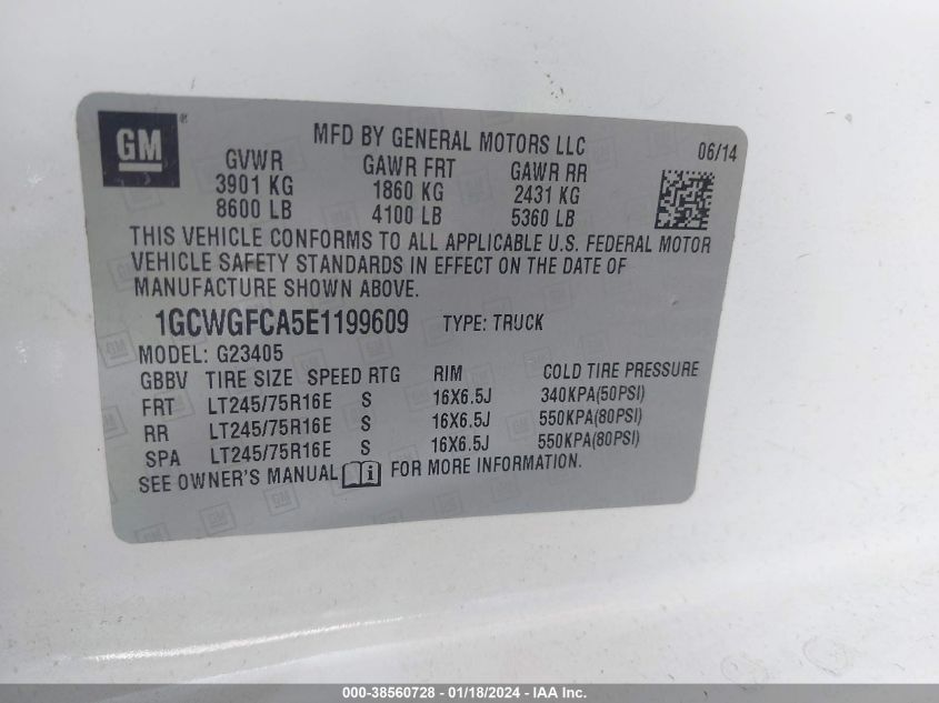 2014 CHEVROLET EXPRESS 2500 WORK VAN 1GCWGFCA5E1199609