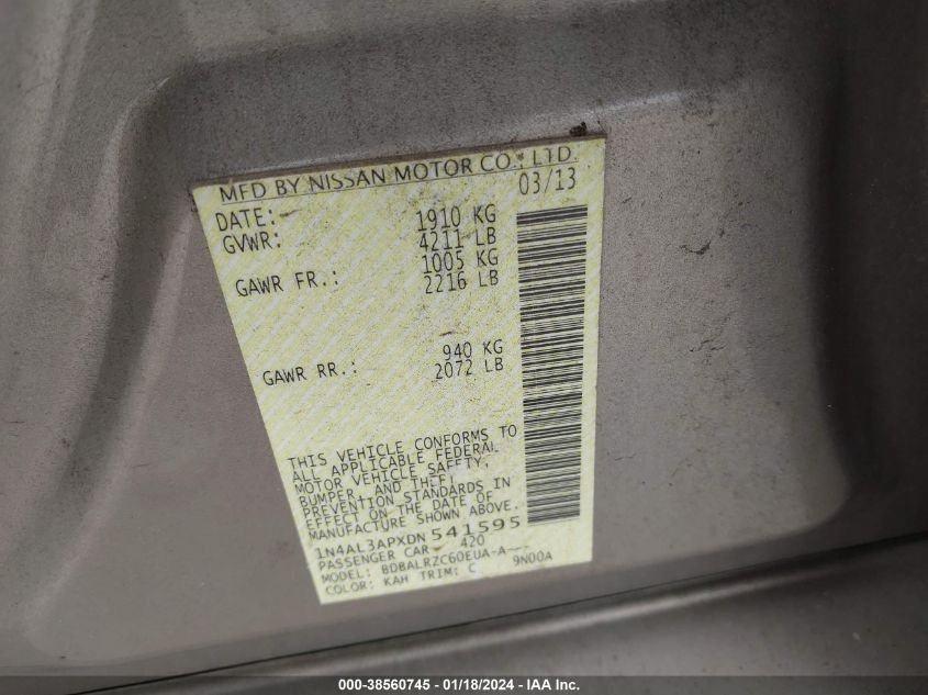 2013 NISSAN ALTIMA 2.5 S - 1N4AL3APXDN541595