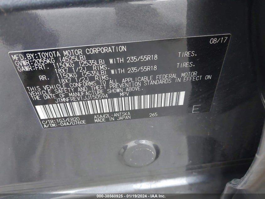 VIN JTMNFREV1JJ150594 2018 TOYOTA RAV4 SE