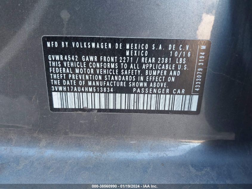 2017 VOLKSWAGEN GOLF ALLTRACK S/SE/SEL - 3VWH17AU4HM513834