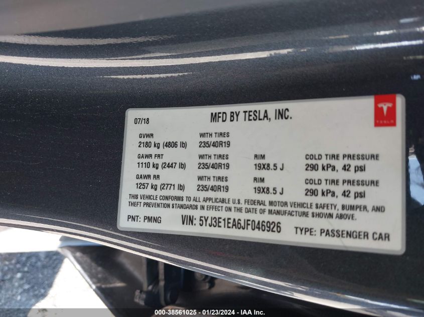 2018 TESLA MODEL 3 - 5YJ3E1EA6JF046926