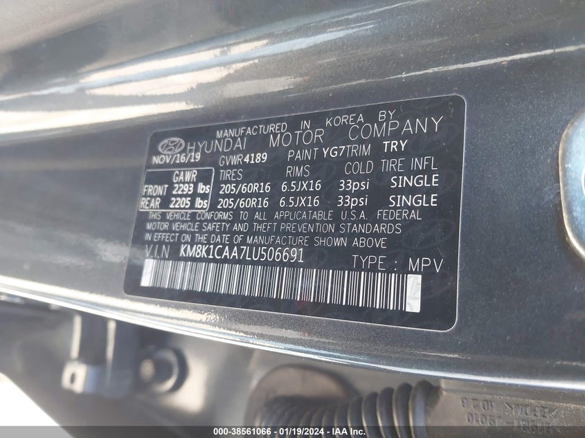 VIN KM8K1CAA7LU506691 2020 HYUNDAI KONA SE