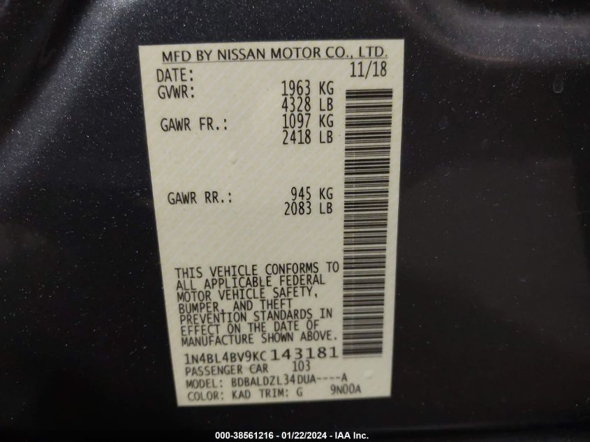 2019 NISSAN ALTIMA 2.5 S - 1N4BL4BV9KC143181