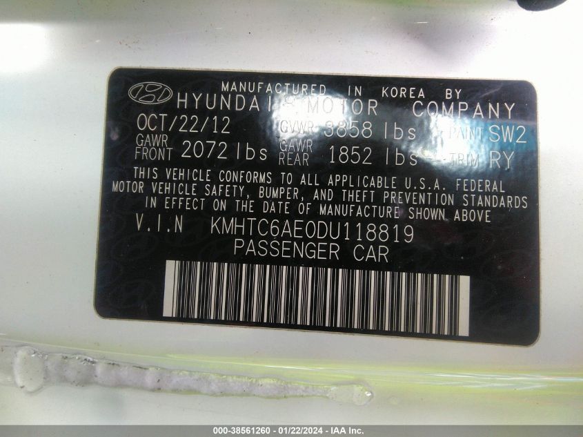 2013 HYUNDAI VELOSTER TURBO W/BLACK - KMHTC6AE0DU118819