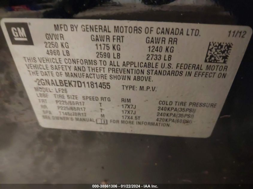 2013 CHEVROLET EQUINOX LS - 2GNALBEK7D1181455
