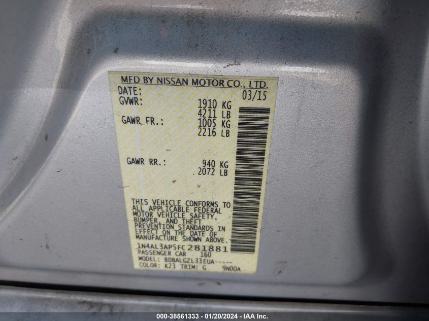 2015 NISSAN ALTIMA 2.5/S/SV/SL - 1N4AL3AP5FC281881