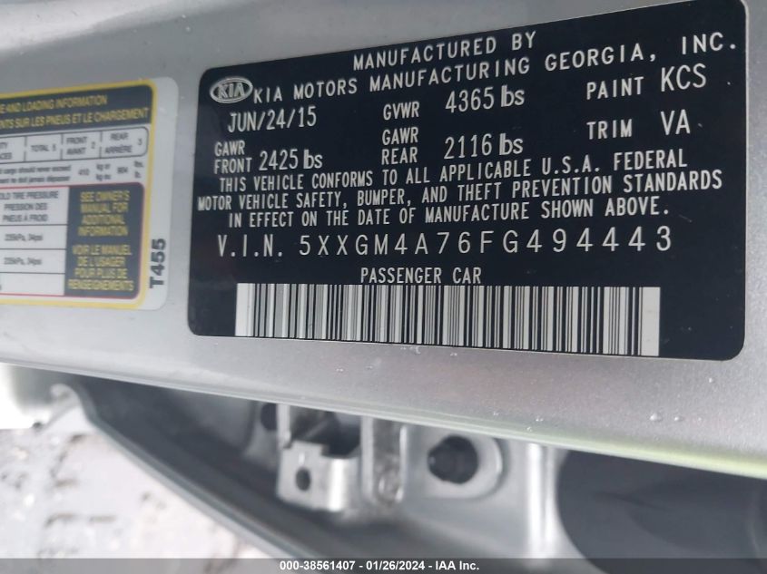 2015 KIA OPTIMA LX - 5XXGM4A76FG494443