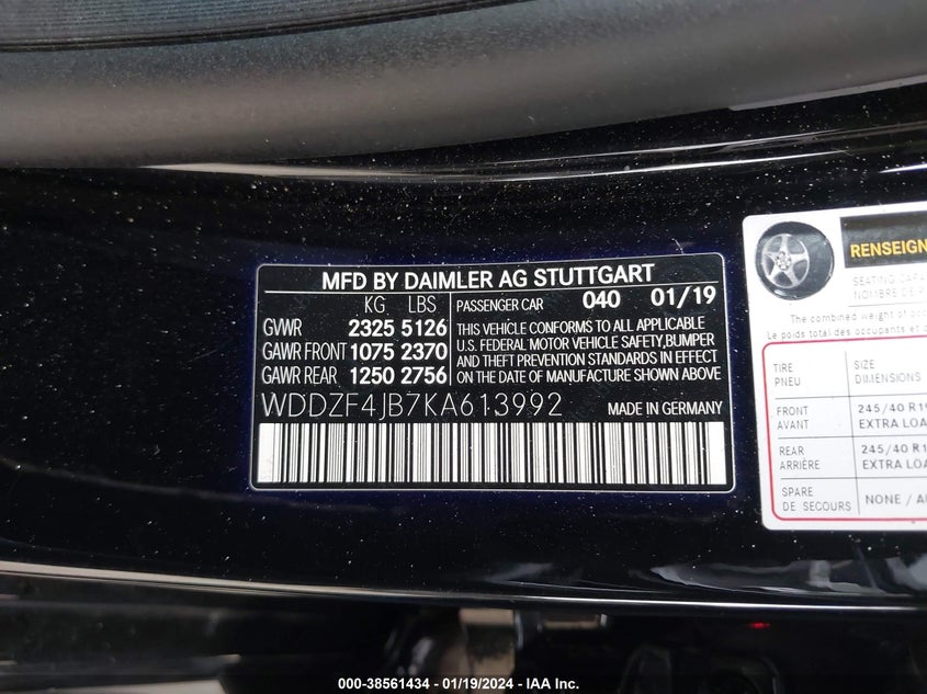 VIN WDDZF4JB7KA613992 2019 MERCEDES-BENZ E 300