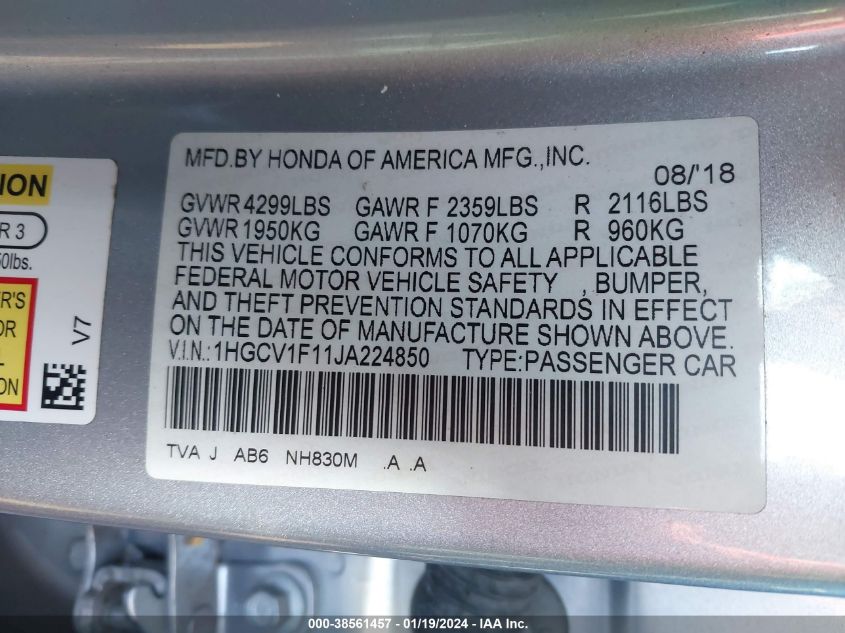 2018 HONDA ACCORD LX - 1HGCV1F11JA224850
